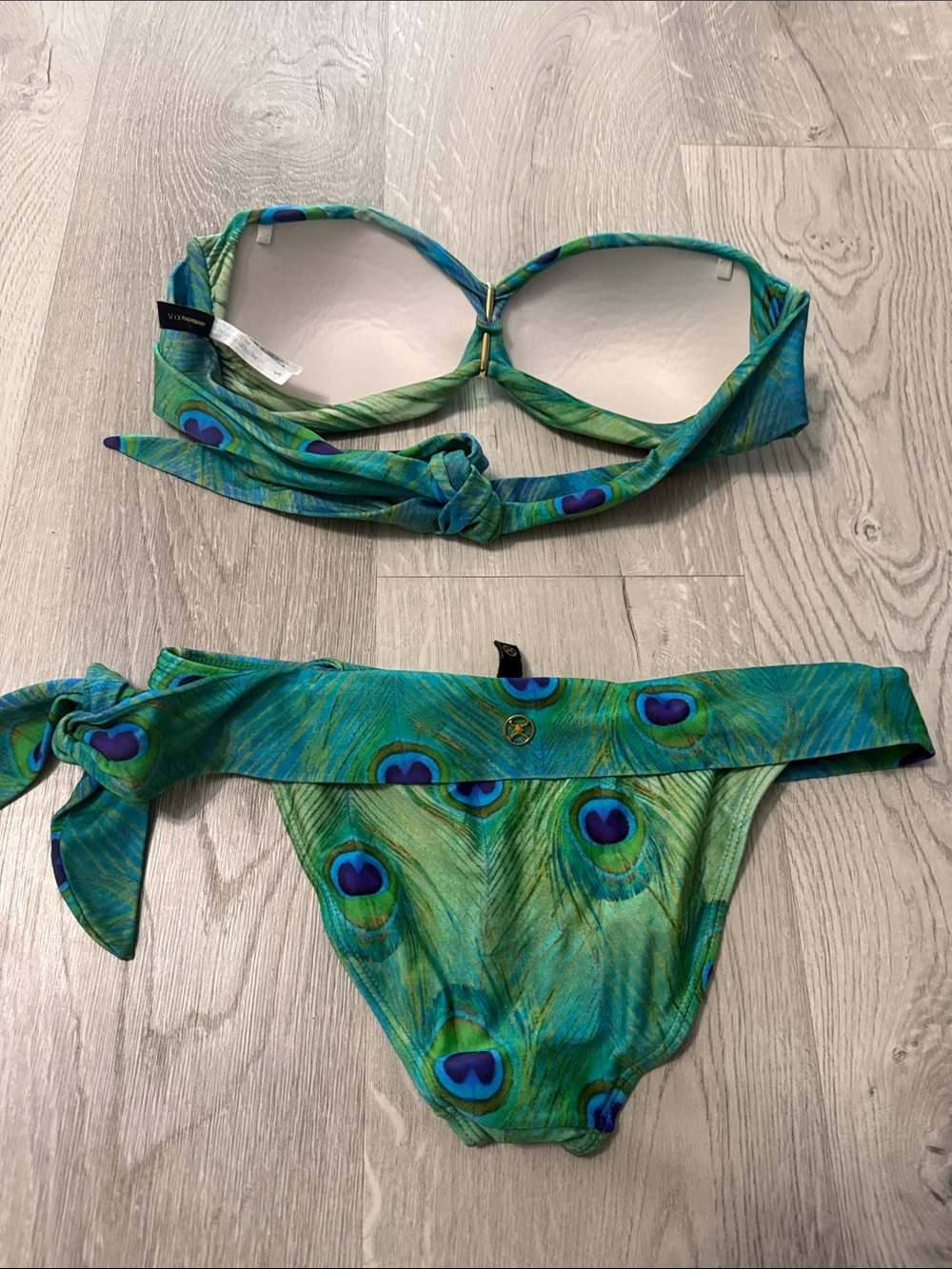 Green Peacock-Print Bandeau Bikini Top and Tie-Side Bottoms - Picture 4 of 5